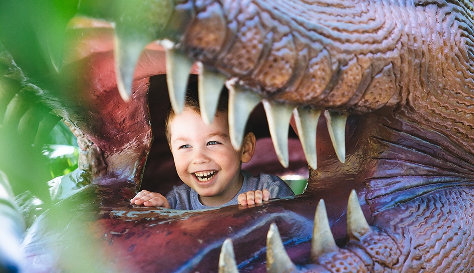 Toddler (male) smiling as he sticks his head out of a fake dinosaur's mouth (T-Rex) at Dinosaur World Florida. Plant City, Florida.