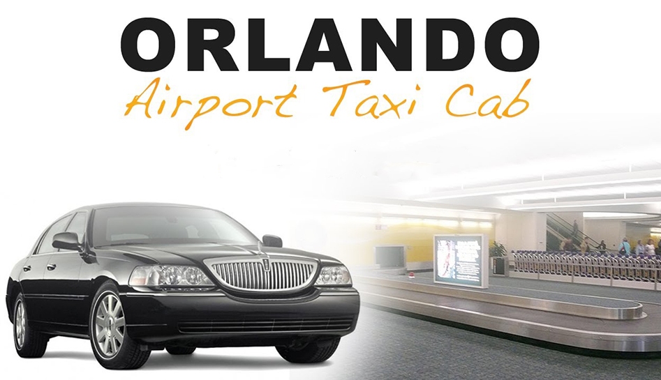 Graphic featuring black transportation car (left) Orlando Airport Taxi Cab company name (above center) and a photo of an airport luggage pick-up conveyor belt (right). Orlando Airport Taxi. Orlando, Florida.