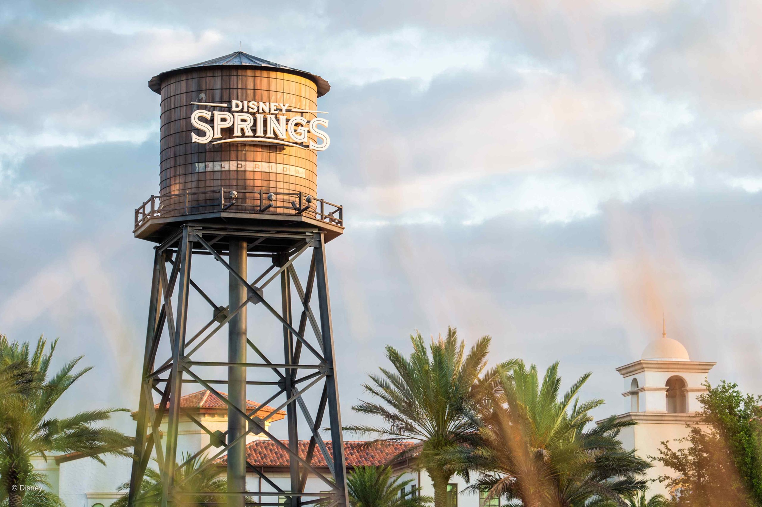Daytime shot of Disney Springs® water tower. Walt Disney World® Resort. Lake Buena Vista, Florida. ©Disney.