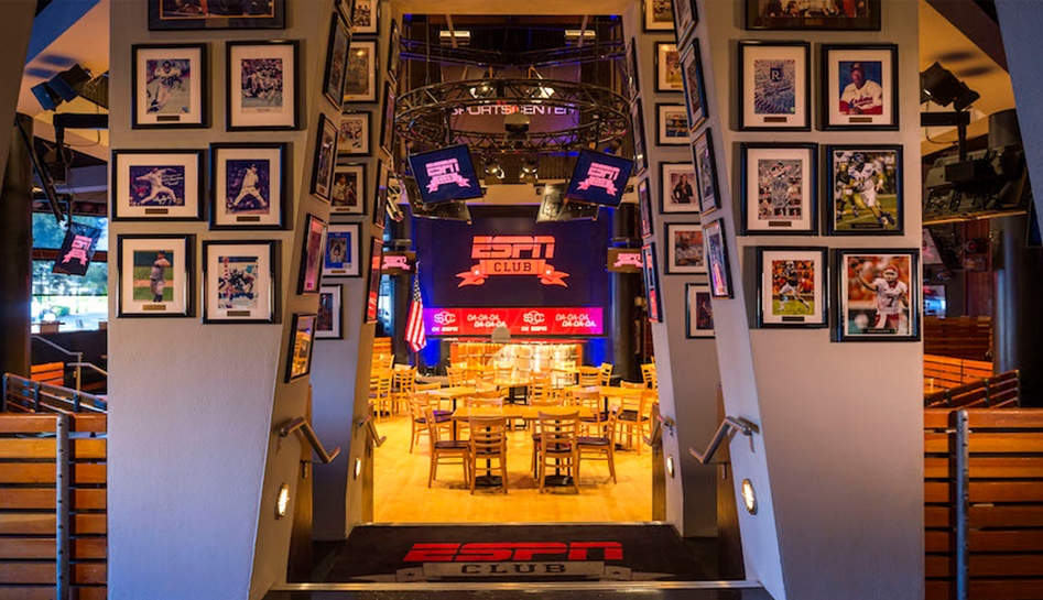 Center view of the inside of ESPN Club restaurant without guests. Disney's Boardwalk. Walt Disney World® Resort. Lake Buena Vista, Florida.