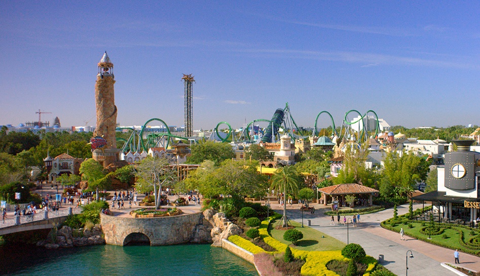 Wide shot (daytime photo) of Universal's Islands of Adventure theme park. Universal Orlando Resort. Orlando, Florida.