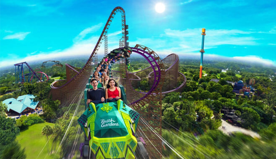 Artist rendering of Busch Gardens Tampa Bay new rollercoaster with guests on the attraction. Daytime rendering. Tampa, Florida.