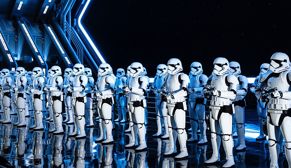 Rows of stormtroopers on guard inside of the waiting room of Star Wars: Rise of the Resistance attraction inside of Star Wars: Galaxy's Edge at Disney's Hollywood Studios®. Walt Disney World® Resort. Lake Buena Vista, Florida.